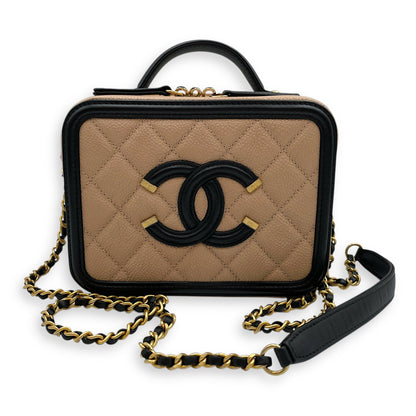 CC Filigree Beige/Black Crossbody Bag in Caviar Leather, Gold hardware