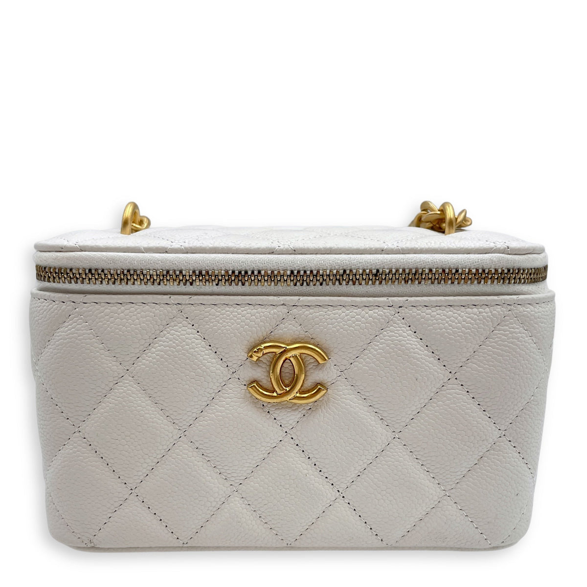 Sweet Heart White Vanity Bag in Caviar Leather, Gold hardware