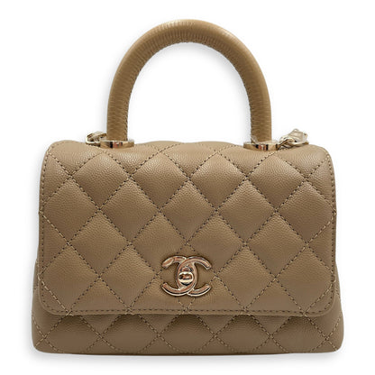 Quilted Coco Small Beige Top Handle Bag in Caviar Leather, Gold hardware