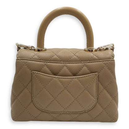 Quilted Coco Small Beige Top Handle Bag in Caviar Leather, Gold hardware
