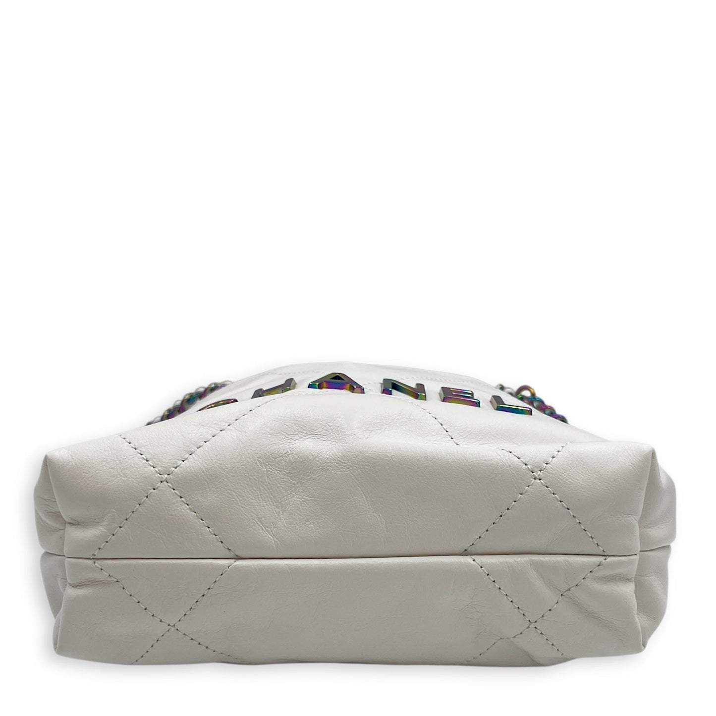 22 Mini White Tote Bag in Calfskin, Rainbow hardware