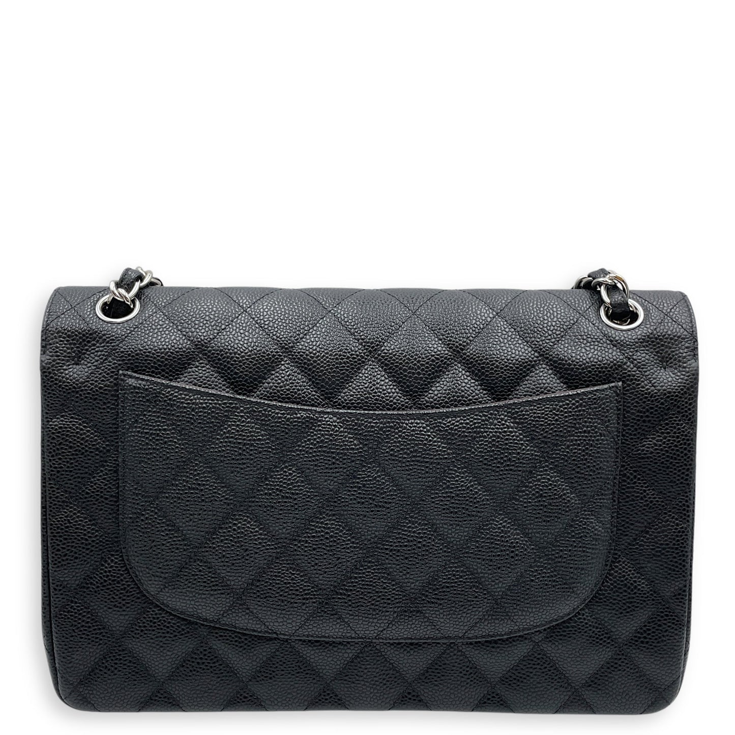 Classic Jumbo Black Shoulder Bag in Caviar Leather, Silver hardware