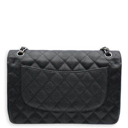Classic Jumbo Black Shoulder Bag in Caviar Leather, Silver hardware