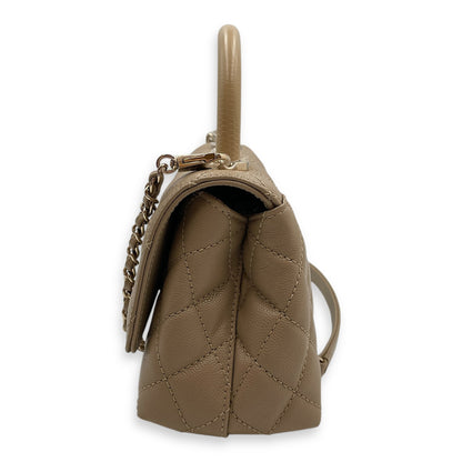 Quilted Coco Small Beige Top Handle Bag in Caviar Leather, Gold hardware
