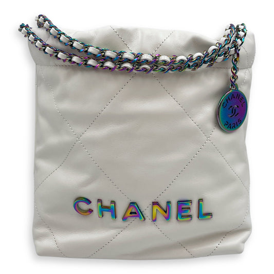 22 Mini White Tote Bag in Calfskin, Rainbow hardware