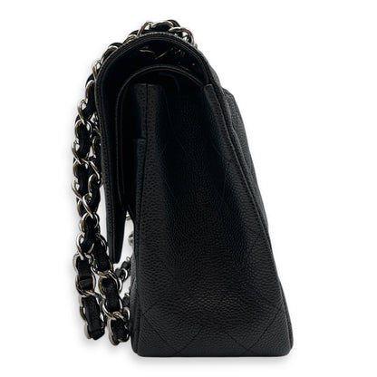 Classic Jumbo Black Shoulder Bag in Caviar Leather, Silver hardware