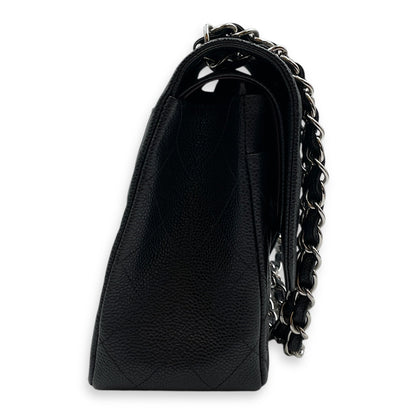 Classic Jumbo Black Shoulder Bag in Caviar Leather, Silver hardware