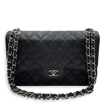 Classic Jumbo Black Shoulder Bag in Caviar Leather, Silver hardware