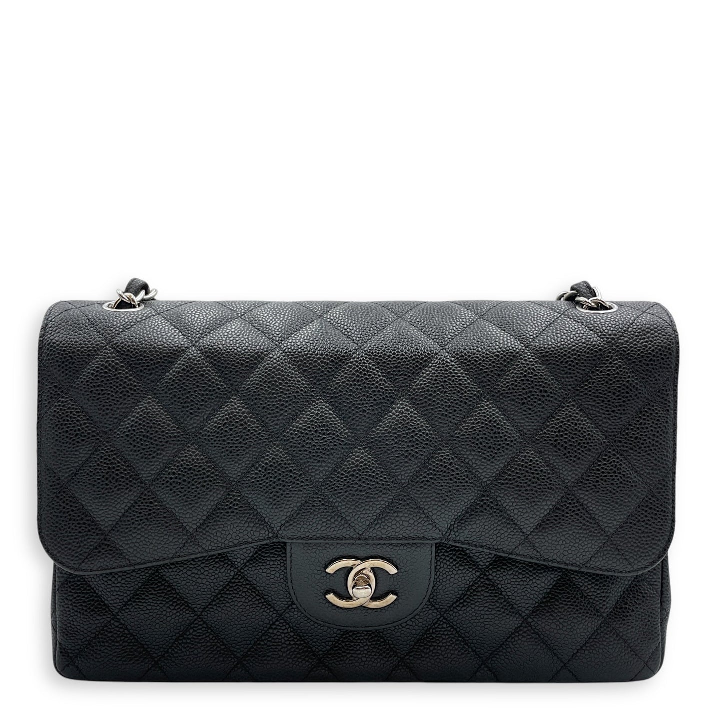 Classic Jumbo Black Shoulder Bag in Caviar Leather, Silver hardware