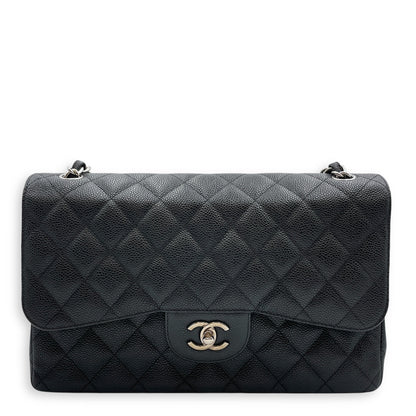 Classic Jumbo Black Shoulder Bag in Caviar Leather, Silver hardware