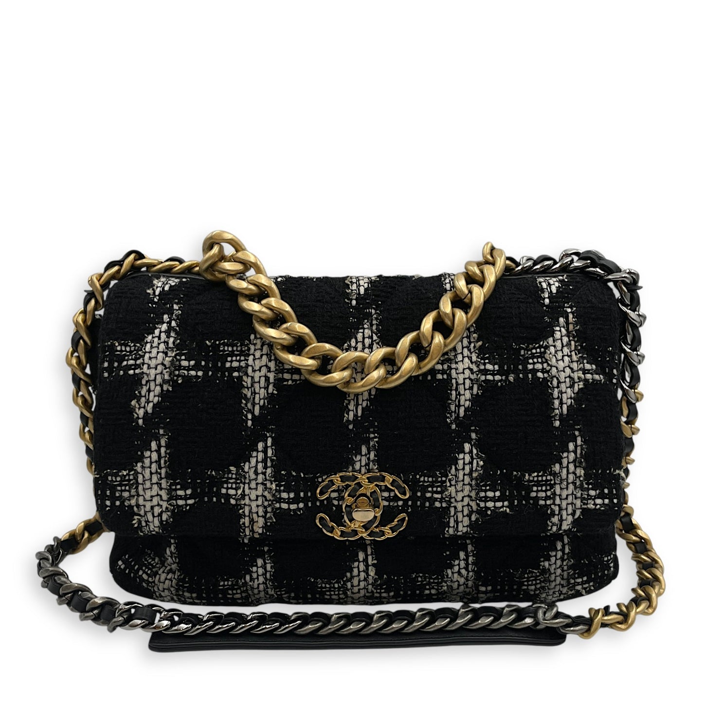 Quilted Large Black/White Shoulder Bag in Tweed, Gold hardware