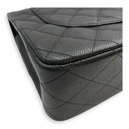 Classic Jumbo (DF) Black Shoulder Bag in Caviar Leather, Silver hardware