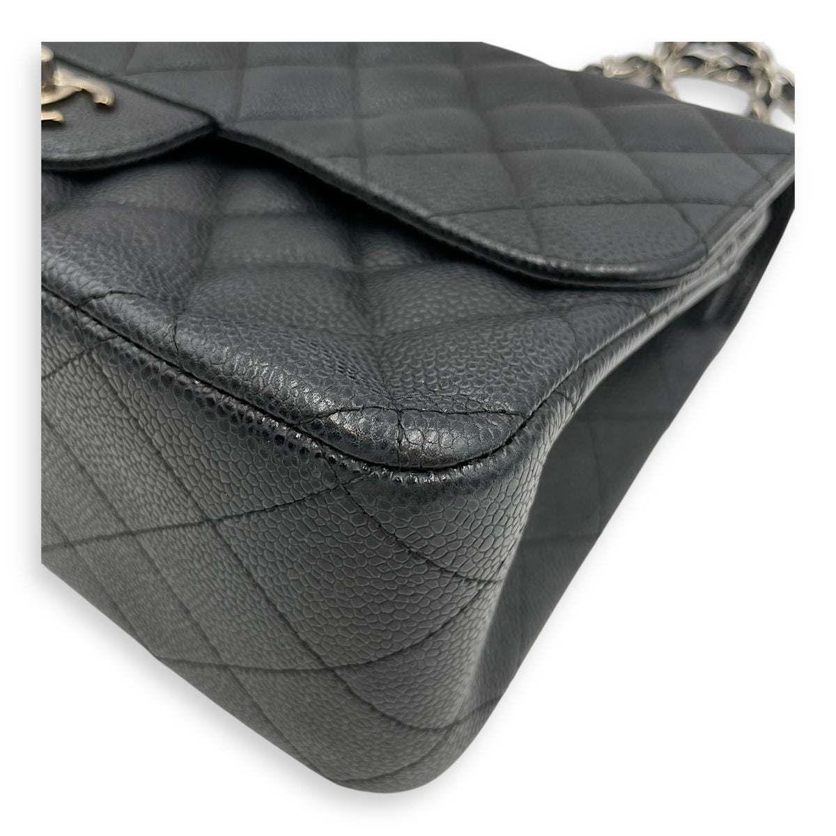 Classic Jumbo (DF) Black Shoulder Bag in Caviar Leather, Silver hardware