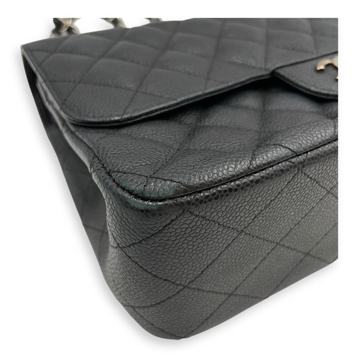 Classic Jumbo (DF) Black Shoulder Bag in Caviar Leather, Silver hardware