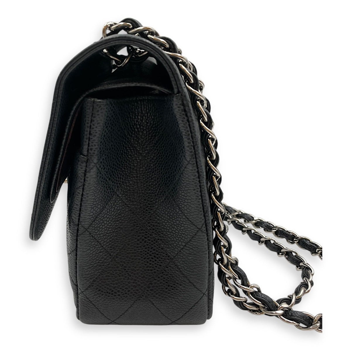 Classic Jumbo (DF) Black Shoulder Bag in Caviar Leather, Silver hardware