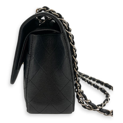 Classic Jumbo (DF) Black Shoulder Bag in Caviar Leather, Silver hardware