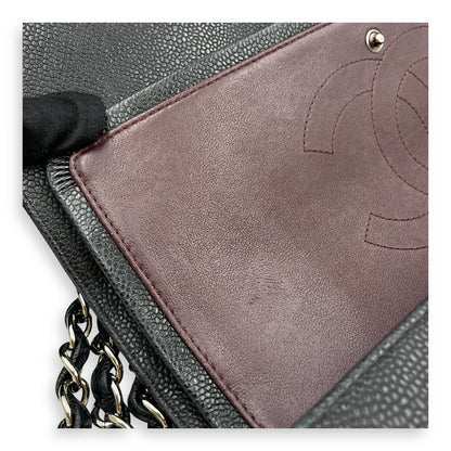 Classic Jumbo (DF) Black Shoulder Bag in Caviar Leather, Silver hardware