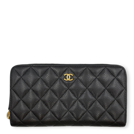 Classic Long Black Wallet in Caviar Leather, Gold hardware