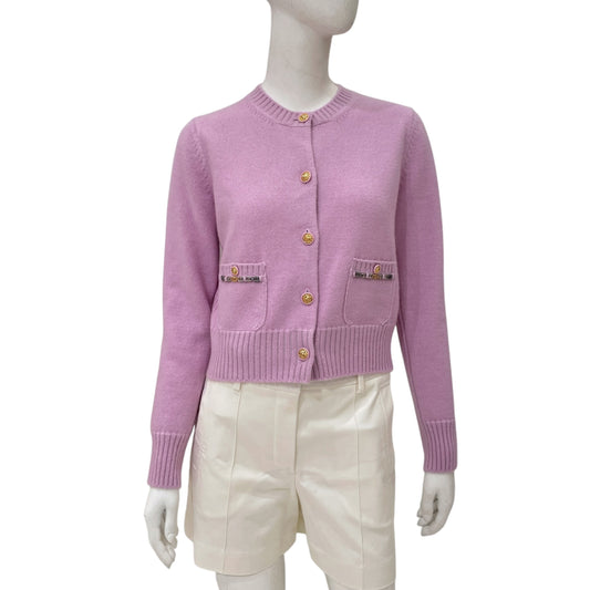 22B CC Chain Leo Button Long-sleeved 34 Light Pink igan in Cashmere, silk, 3-Tone hardware