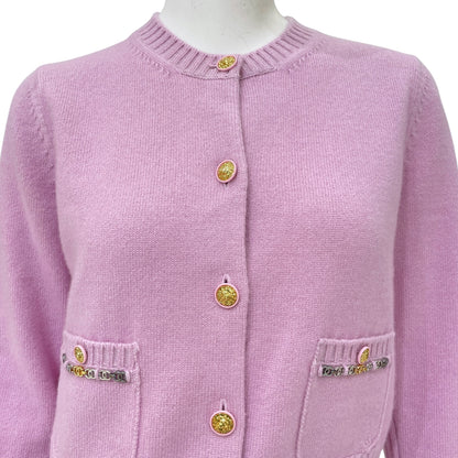 22B CC Chain Leo Button Long-sleeved 34 Light Pink igan in Cashmere, silk, 3-Tone hardware