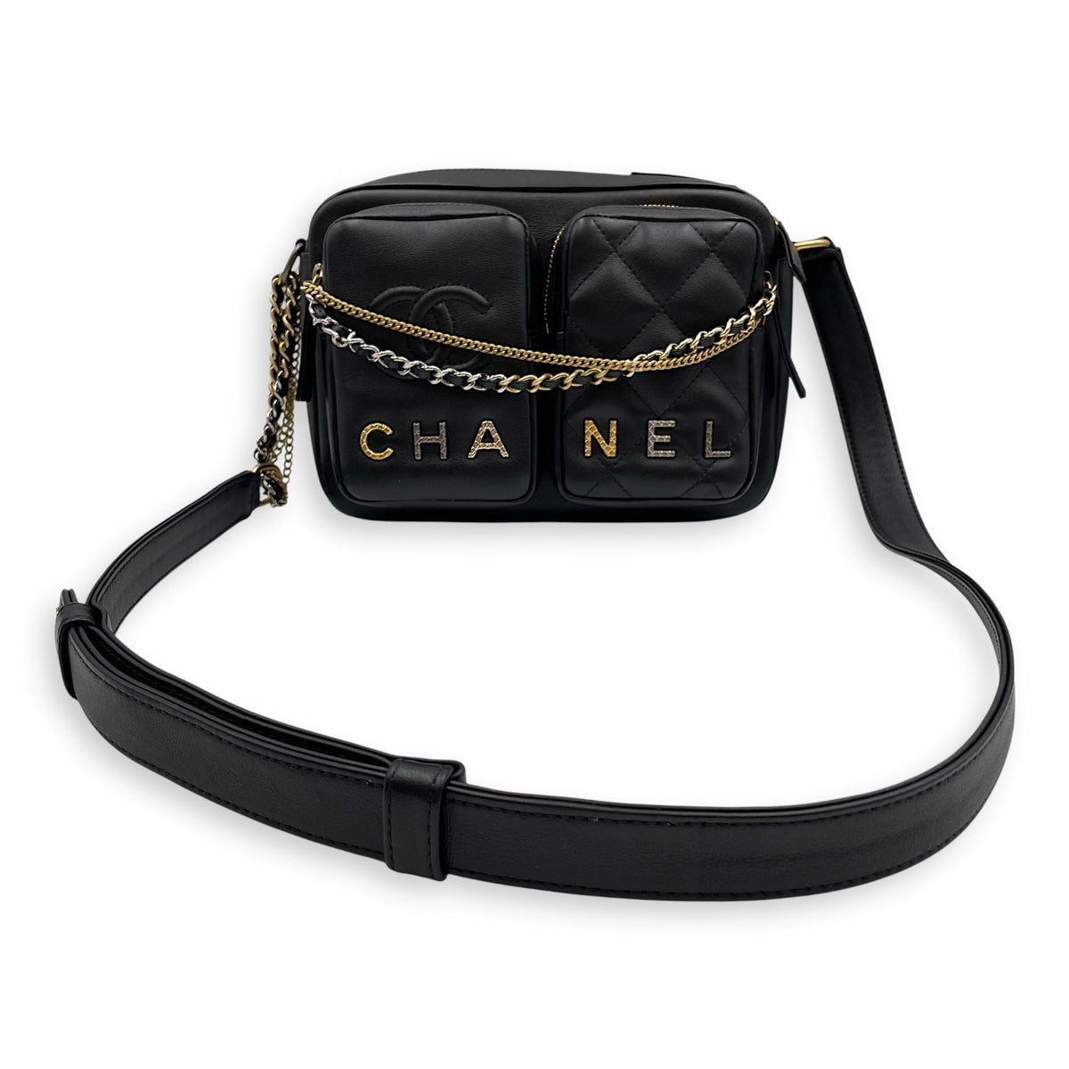 Camera Black Shoulder Bag in Calfskin, Mixed hardware