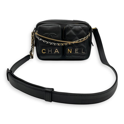 Camera Black Shoulder Bag in Calfskin, Mixed hardware