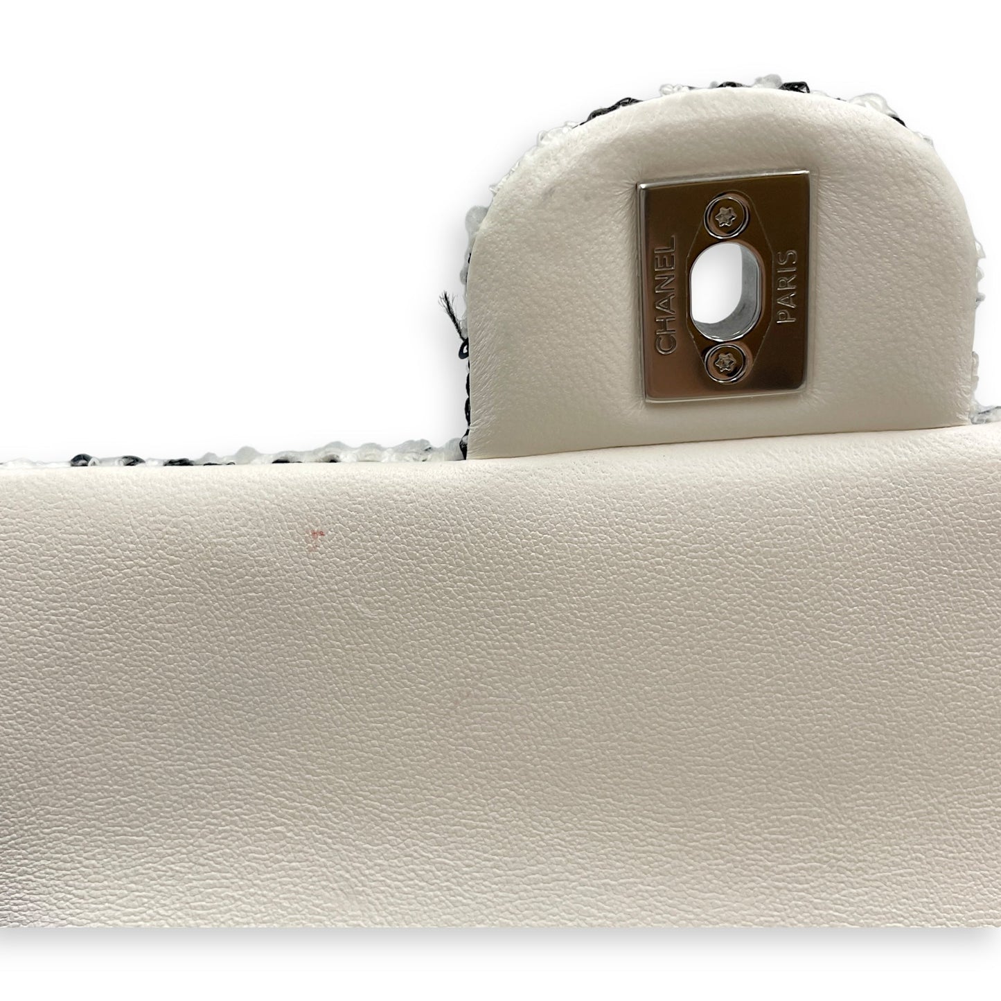 Seasonal White Flap Bag in Tweed/Sequins, Silver hardware