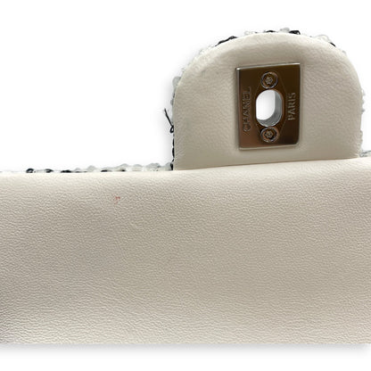 Seasonal White Flap Bag in Tweed/Sequins, Silver hardware