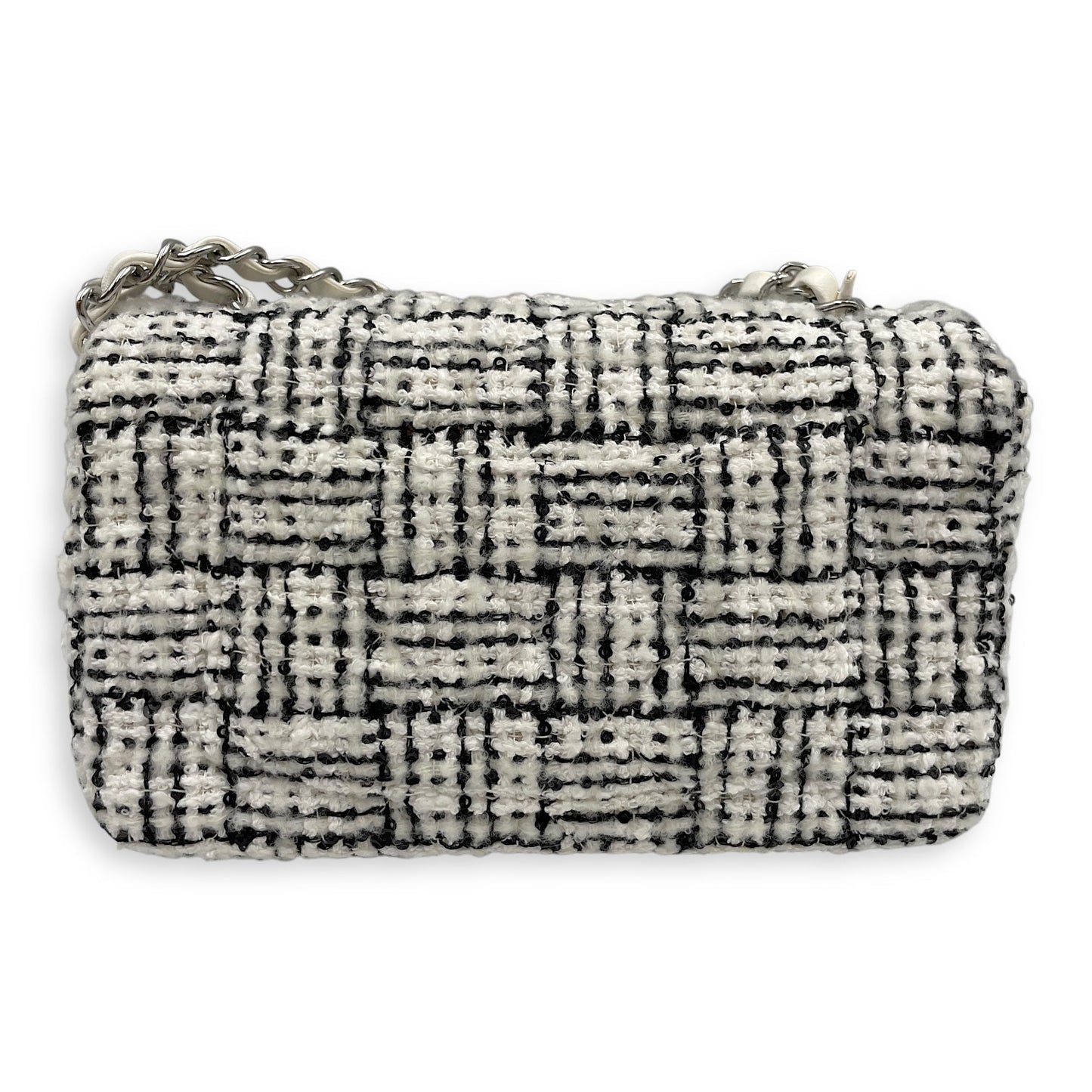 Seasonal White Flap Bag in Tweed/Sequins, Silver hardware