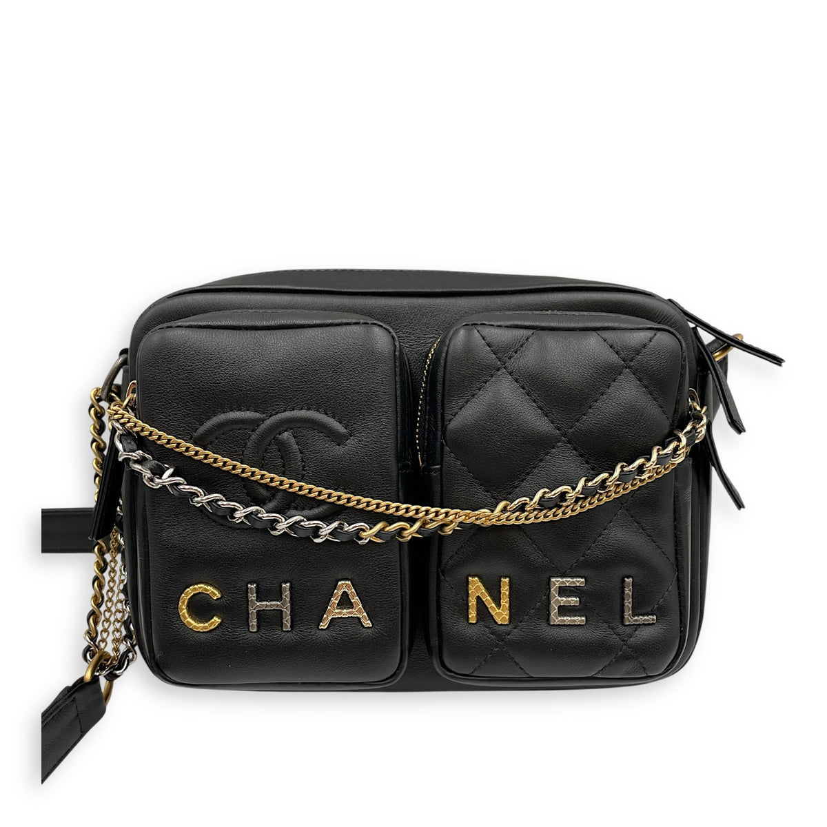 Camera Black Shoulder Bag in Calfskin, Mixed hardware