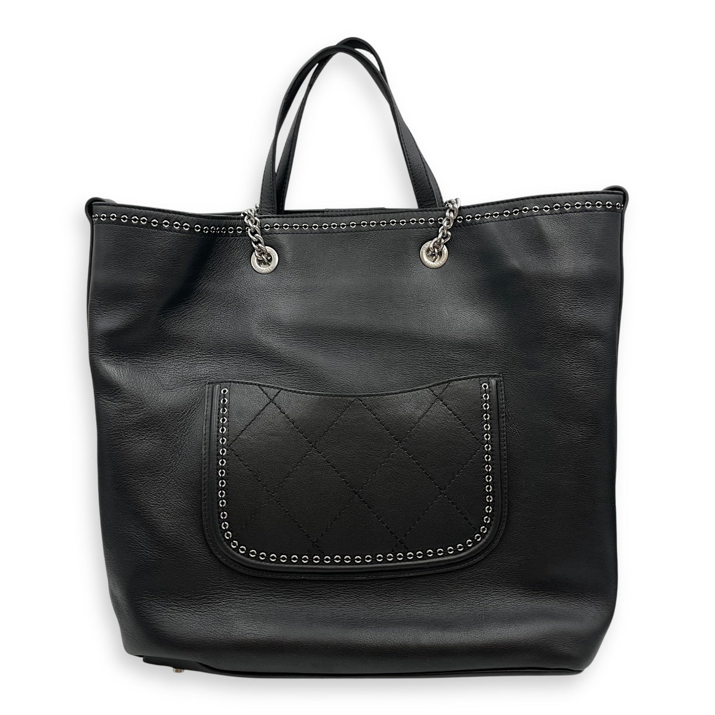 Eyelet Large Black Shoulder Bag in Calfskin, Silver hardware