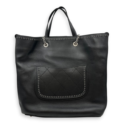 Eyelet Large Black Shoulder Bag in Calfskin, Silver hardware