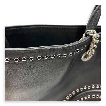 Eyelet Large Black Shoulder Bag in Calfskin, Silver hardware