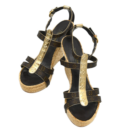 Louis Vuitton * 2011 Monogram Wedge Ankle Strap Sandals Shoes #35 1/2