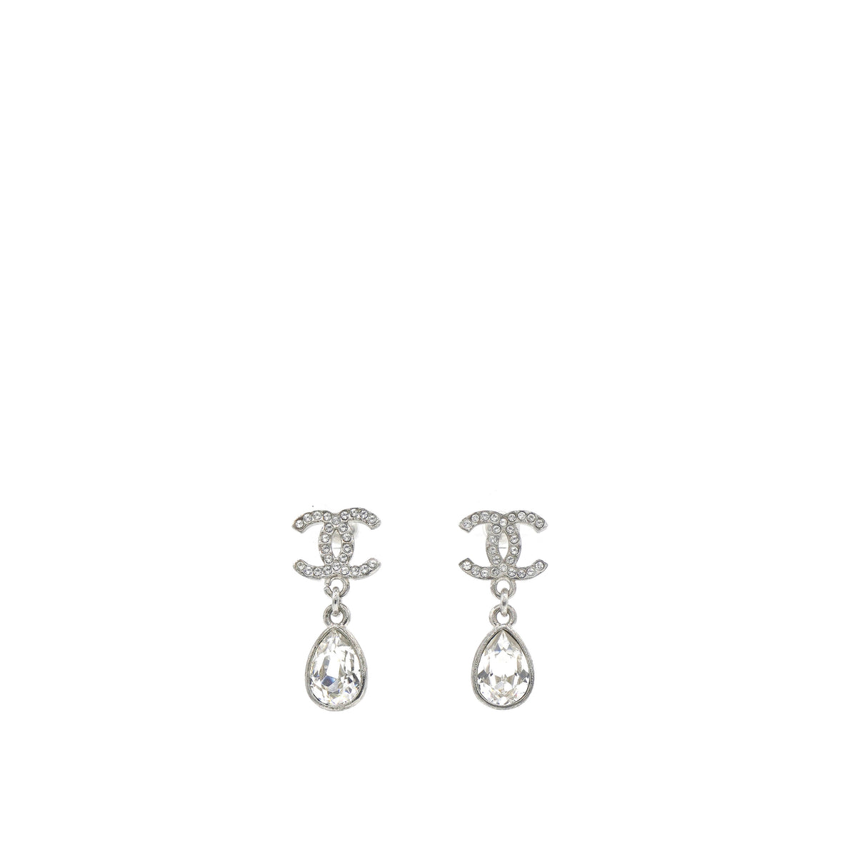 Silver Metal and Crystal CC Teardrop Earrings