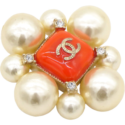 Pearl Crystal CC Brooch Orange Gold