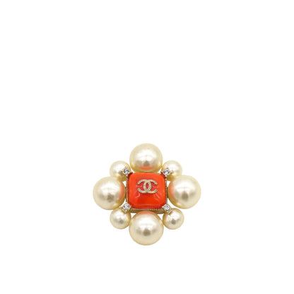 Pearl Crystal CC Brooch Orange Gold