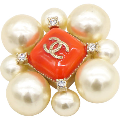 Pearl Crystal CC Brooch Orange Gold