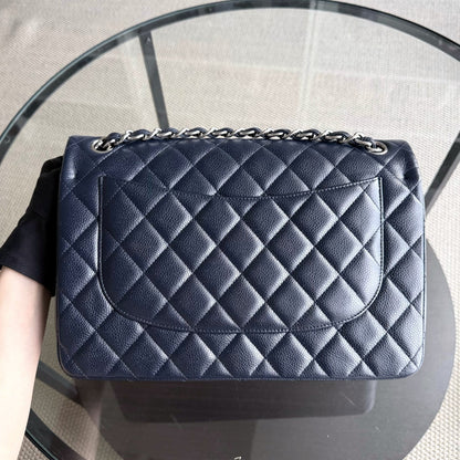 Chanel Classic Flap Jumbo - Caviar Double Flap 30CM Quilted Dark Navy Blue Silver Hardware Series 19
