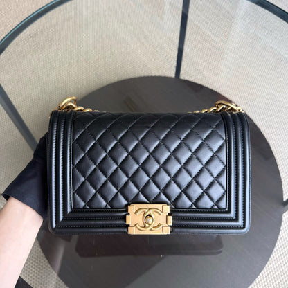 Chanel Boy Medium - 25CM Quilted Lambskin Black Gold Hardware Series 18