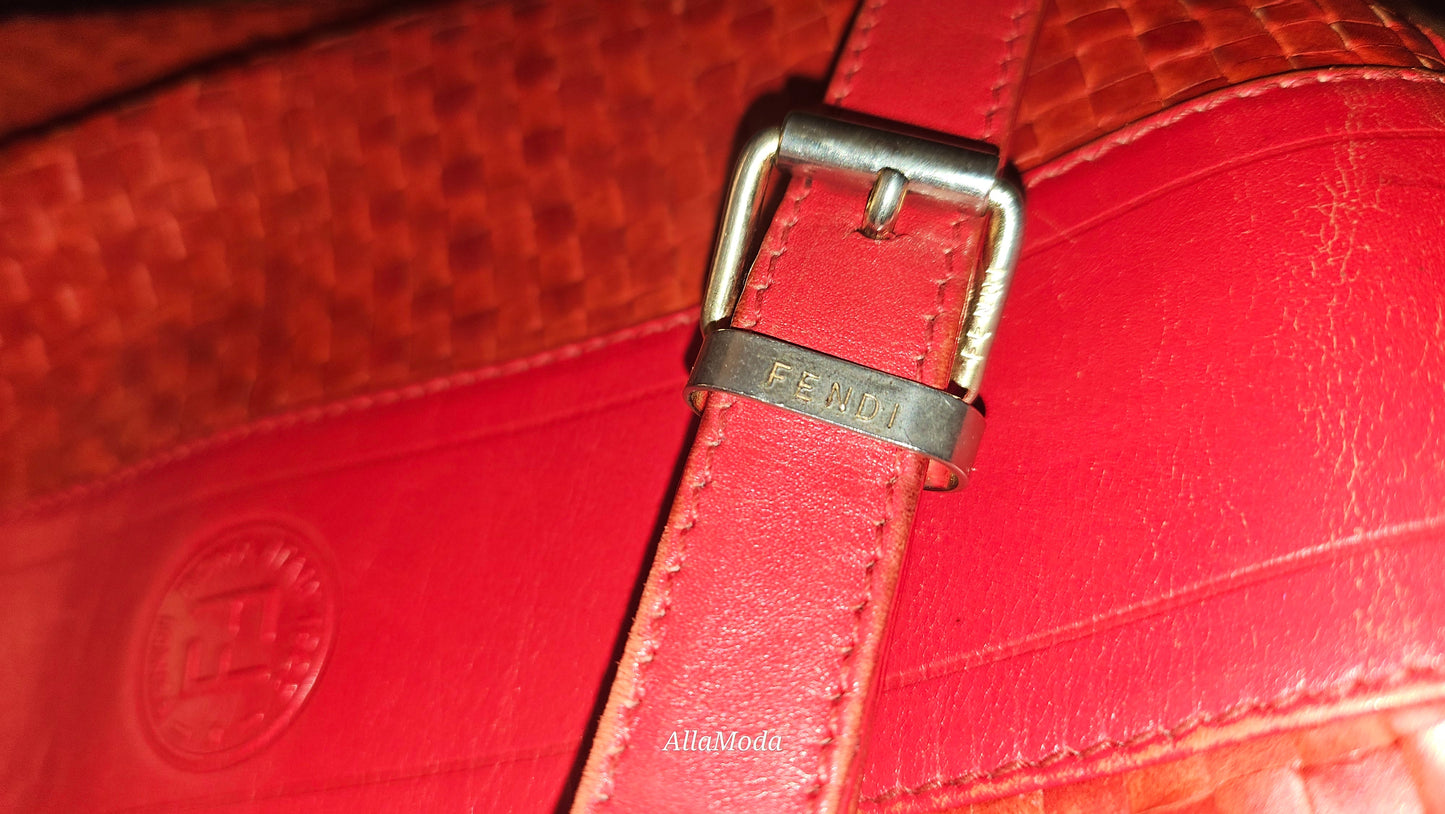 Fendi Red Intrecciato Leather Crossbody Bucket Bag