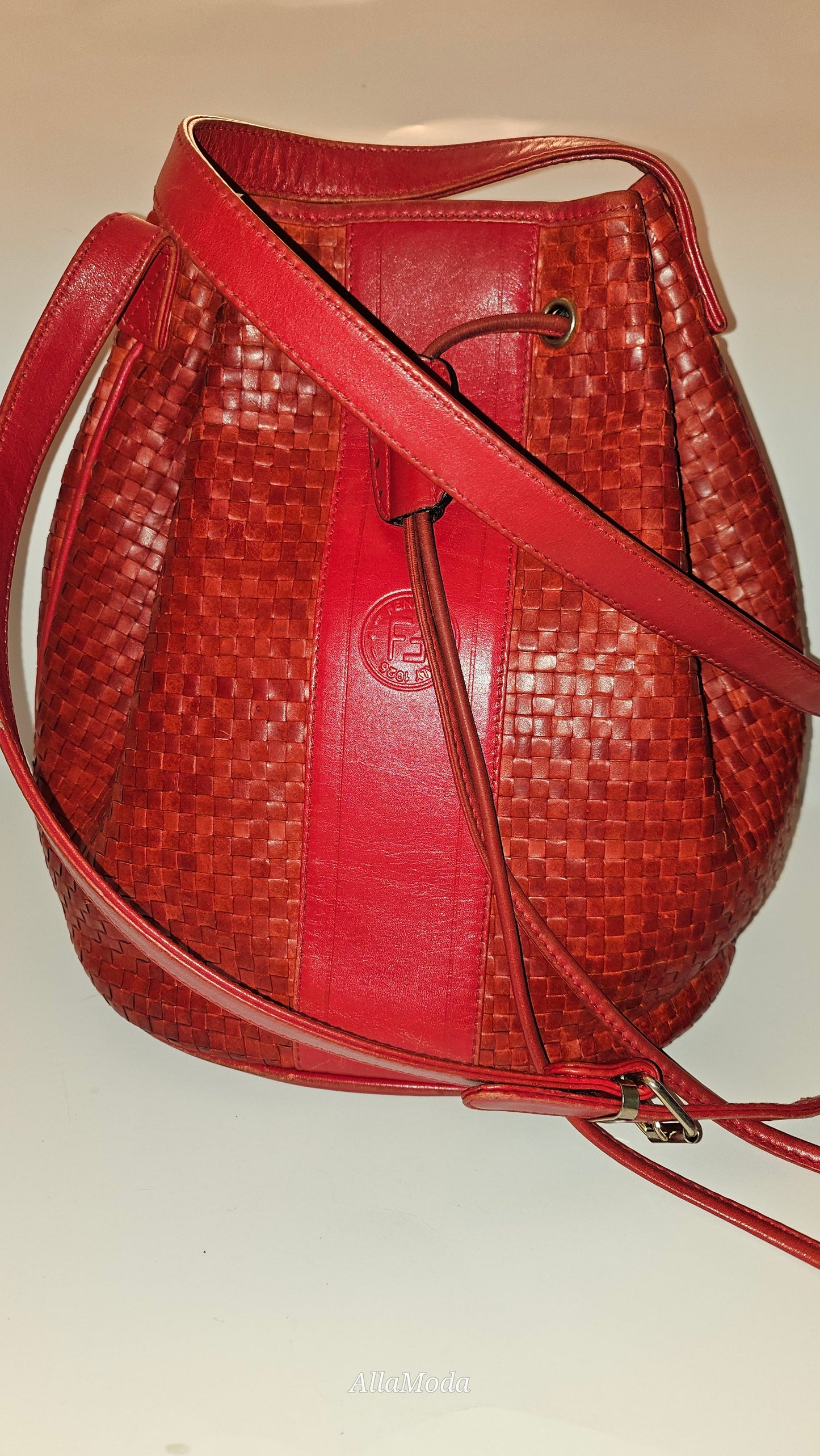 Fendi Red Intrecciato Leather Crossbody Bucket Bag
