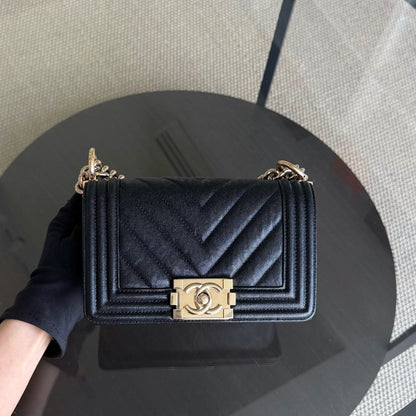 Chanel Boy Small - Caviar 20CM Quilted Grained Calfskin Black Gold Hardware Series 28