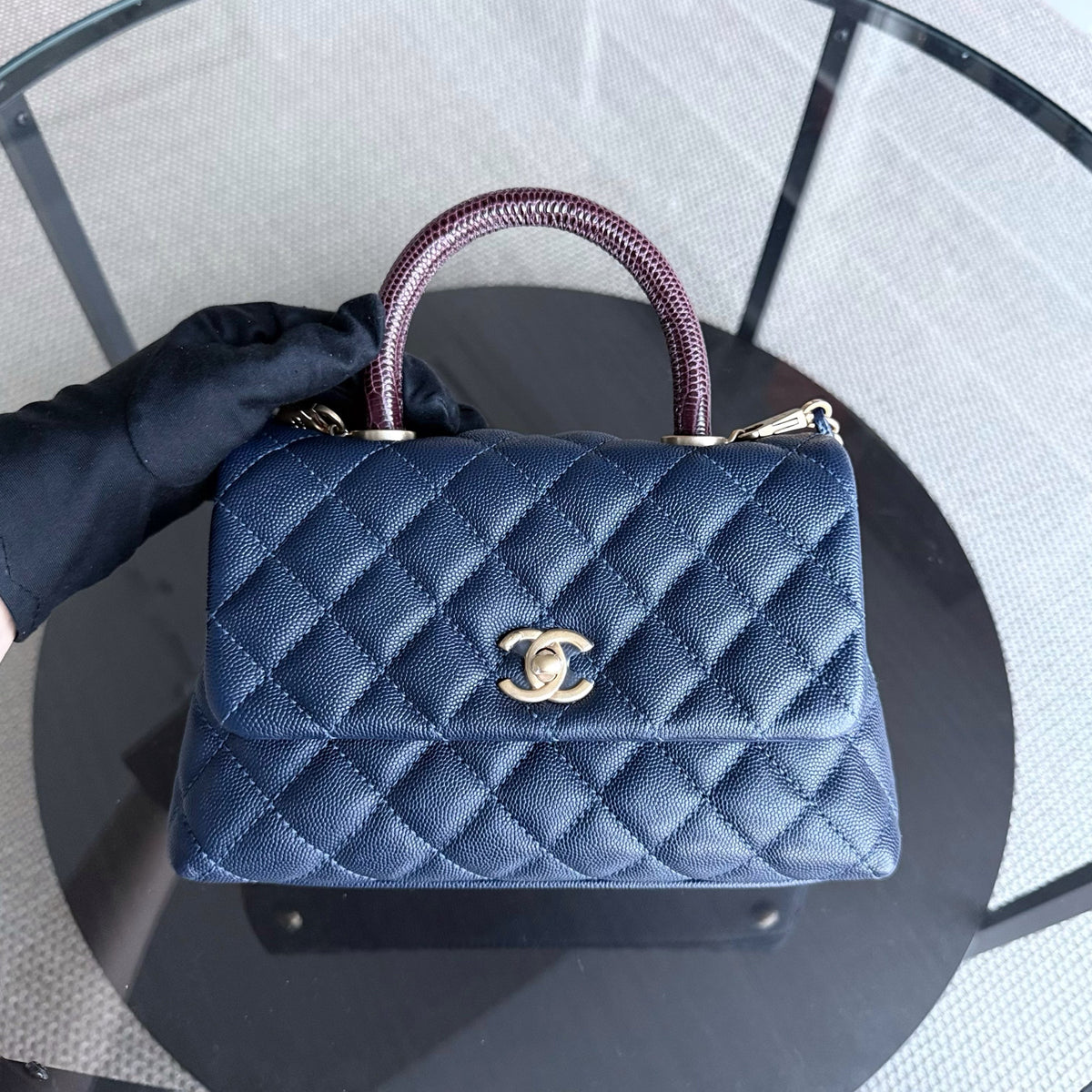Chanel Coco Handle Small - Caviar Quilted Grained Calfskin Dark Navy Blue Lizard Handle Gold Hardware Series 24