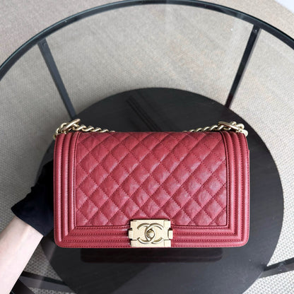 Chanel Boy Medium - Caviar 25CM Quilted Grained Calfskin Red Gold Hardware Series 26