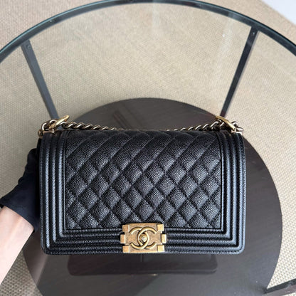 Chanel Boy Medium - Caviar 25CM Quilted Grained Calfskin Black Gold Hardware Series 20