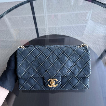 Chanel Seasonal Flap - Quilted Wild Stitch CalfskinDark Navy Blue Gold Hardware Series 19