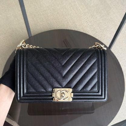 Chanel Boy Medium - Caviar 25CM Quilted Grained Calfskin Black Gold Hardware Series 28