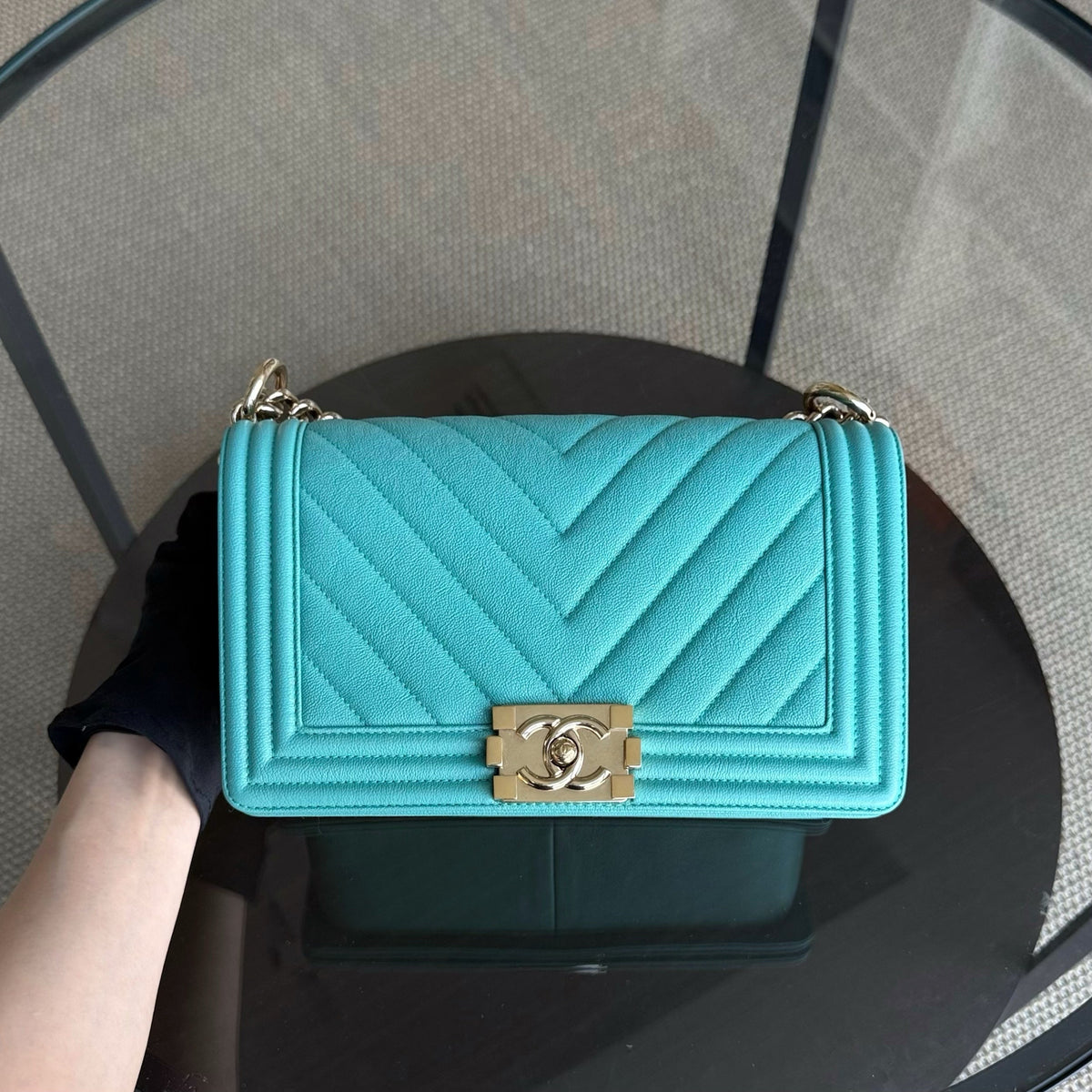 Chanel Boy Medium - 25CM Chevron Cyan Blue Gold Hardware Series 27