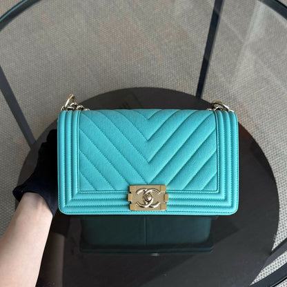 Chanel Boy Medium - 25CM Chevron Cyan Blue Gold Hardware Series 27